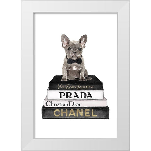 Black Frenchie Bookstack II White Modern Wood Framed Art Print by Amanda Greenwood
