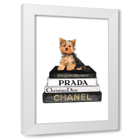 Bookstack Yorkie II White Modern Wood Framed Art Print by Amanda Greenwood