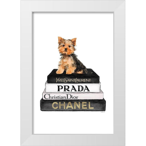 Bookstack Yorkie II White Modern Wood Framed Art Print by Amanda Greenwood