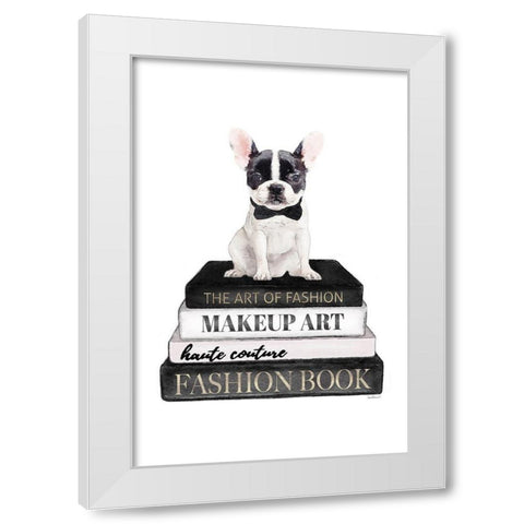 BandW Frenchie Bookstack White Modern Wood Framed Art Print by Amanda Greenwood