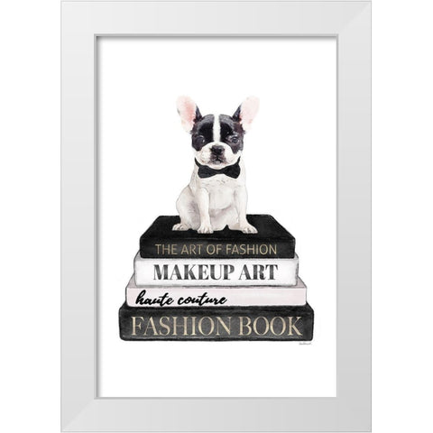 BandW Frenchie Bookstack White Modern Wood Framed Art Print by Amanda Greenwood