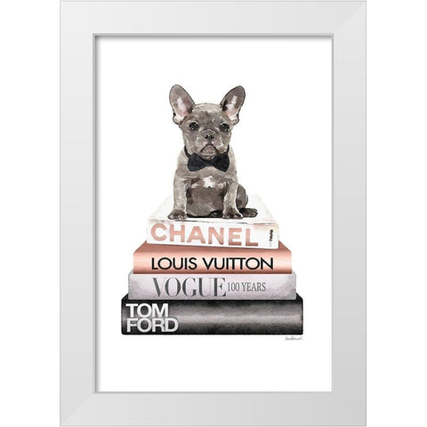 Rose Gold Frenchie Bookstack White Modern Wood Framed Art Print by Amanda Greenwood