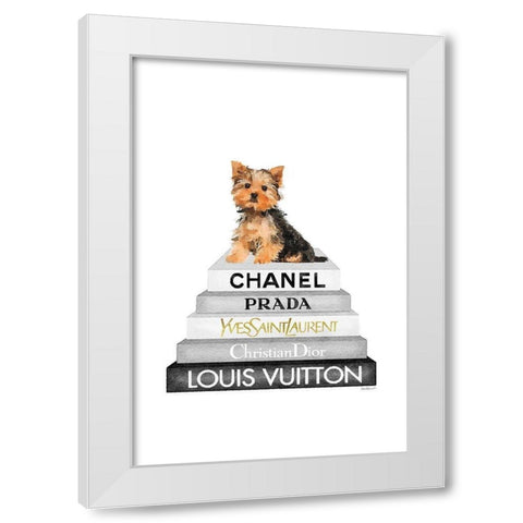 Yorkie Bookstack IIII White Modern Wood Framed Art Print by Amanda Greenwood