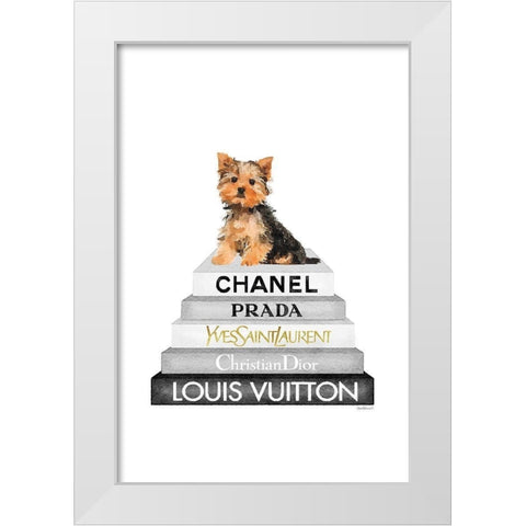 Yorkie Bookstack IIII White Modern Wood Framed Art Print by Amanda Greenwood
