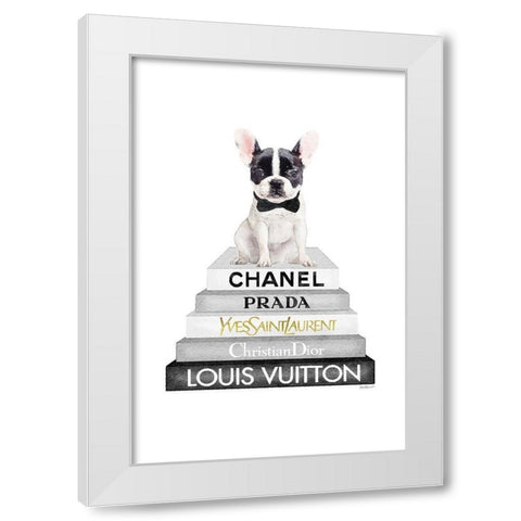 Frenchie Bookstack V White Modern Wood Framed Art Print by Amanda Greenwood