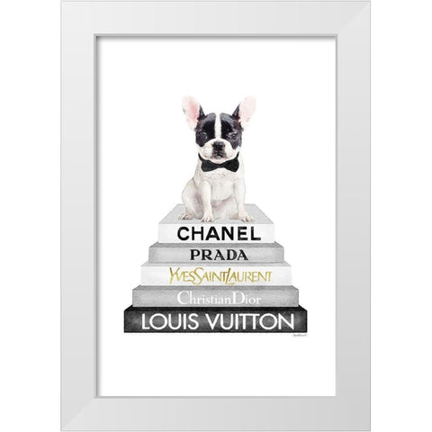 Frenchie Bookstack V White Modern Wood Framed Art Print by Amanda Greenwood
