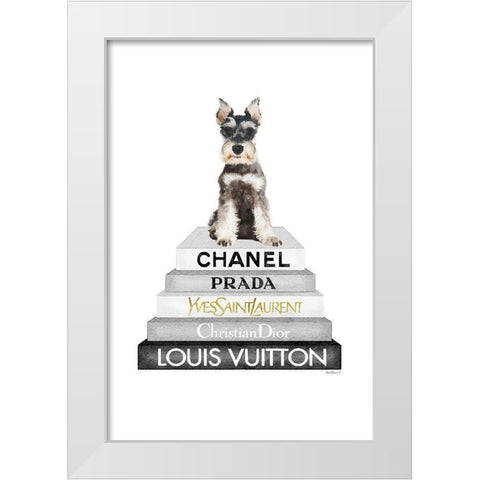 Schnauzer Bookstack  White Modern Wood Framed Art Print by Amanda Greenwood