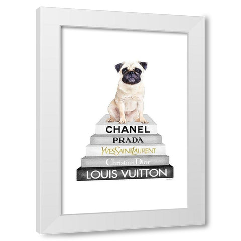 Pug Bookstack White Modern Wood Framed Art Print by Amanda Greenwood