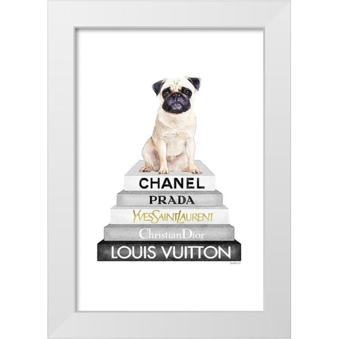 Pug Bookstack White Modern Wood Framed Art Print by Amanda Greenwood