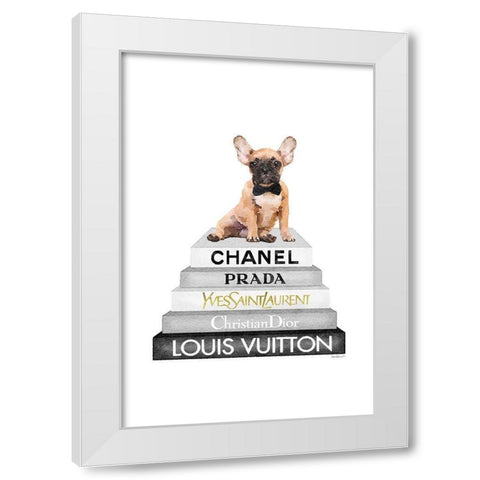 Fawn Frenchie Bookstack White Modern Wood Framed Art Print by Amanda Greenwood