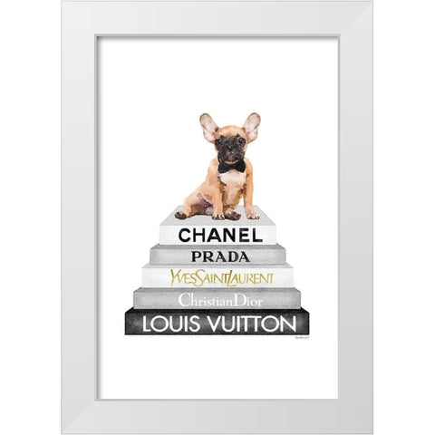 Fawn Frenchie Bookstack White Modern Wood Framed Art Print by Amanda Greenwood