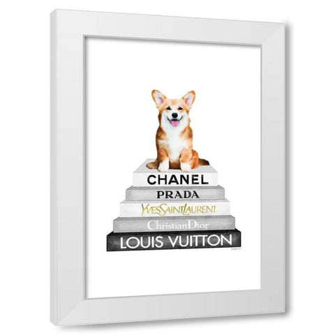 Corgi Bookstack White Modern Wood Framed Art Print by Amanda Greenwood