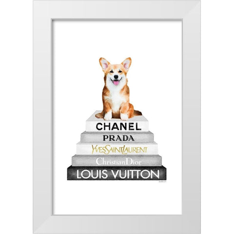 Corgi Bookstack White Modern Wood Framed Art Print by Amanda Greenwood