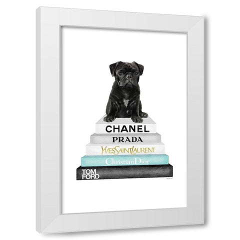 Bookstack Teal Pug White Modern Wood Framed Art Print by Amanda Greenwood
