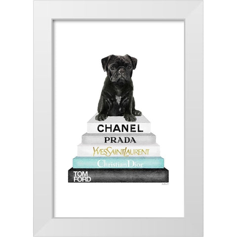 Bookstack Teal Pug White Modern Wood Framed Art Print by Amanda Greenwood