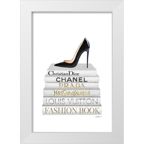 Black Heel Bookstack White Modern Wood Framed Art Print by Amanda Greenwood