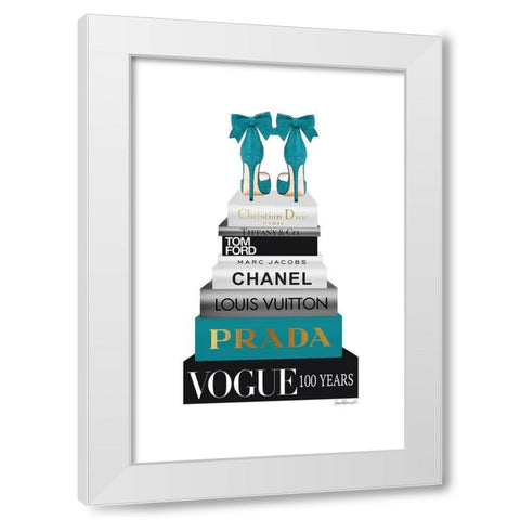 Bookstack Teal White Modern Wood Framed Art Print by Amanda Greenwood