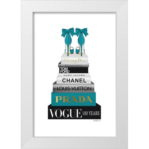 Bookstack Teal White Modern Wood Framed Art Print by Amanda Greenwood