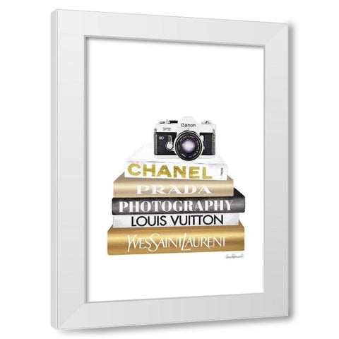 Camera Bookstack White Modern Wood Framed Art Print by Amanda Greenwood