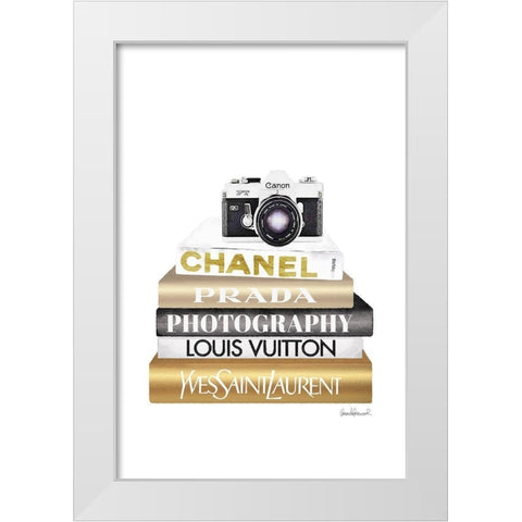Camera Bookstack White Modern Wood Framed Art Print by Amanda Greenwood