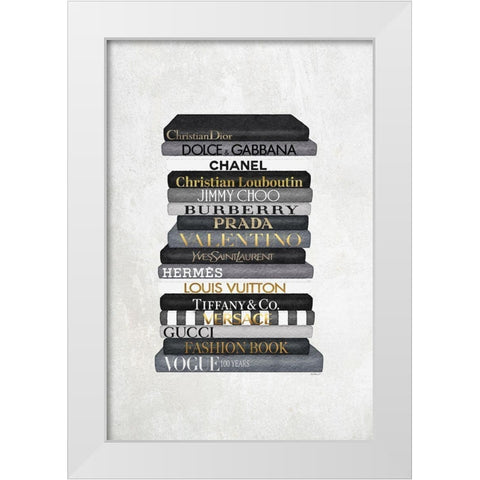 Black and White Bookstack White Modern Wood Framed Art Print by Amanda Greenwood