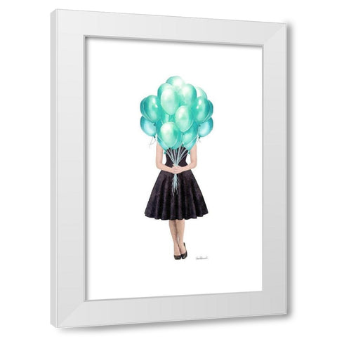 Teal Balloon Girl White Modern Wood Framed Art Print by Amanda Greenwood