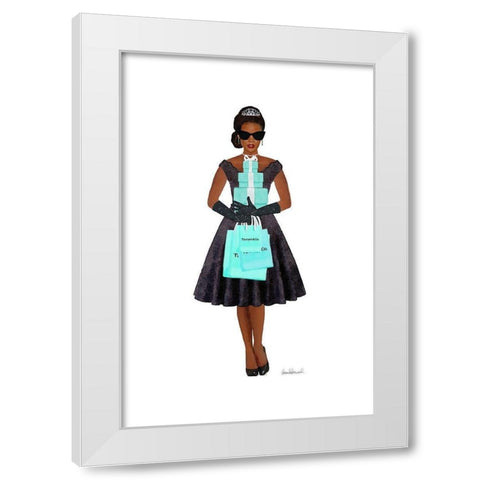 Teal shopping girl White Modern Wood Framed Art Print by Amanda Greenwood
