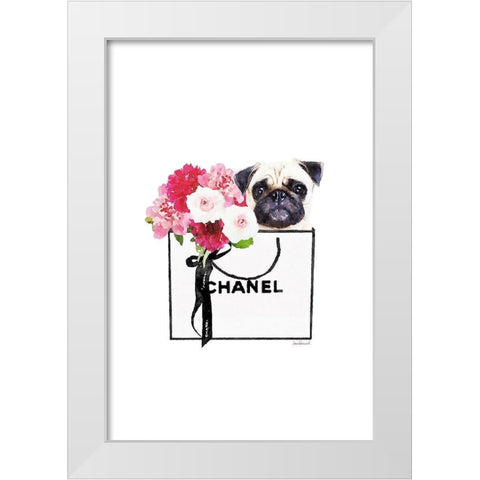 Pug and Shopping  White Modern Wood Framed Art Print by Greenwood, Amanda