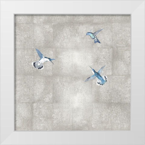 Hummingbirds Blue on Silver I White Modern Wood Framed Art Print by Blake, Madeline