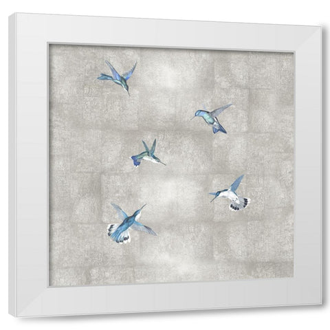 Hummingbirds Blue on Silver II White Modern Wood Framed Art Print by Blake, Madeline