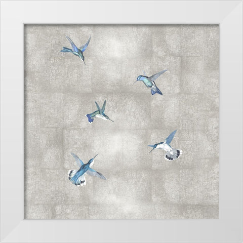 Hummingbirds Blue on Silver II White Modern Wood Framed Art Print by Blake, Madeline
