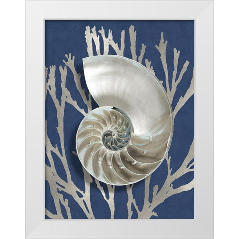 Shell Coral Silver on Blue II White Modern Wood Framed Art Print by Kelly, Caroline
