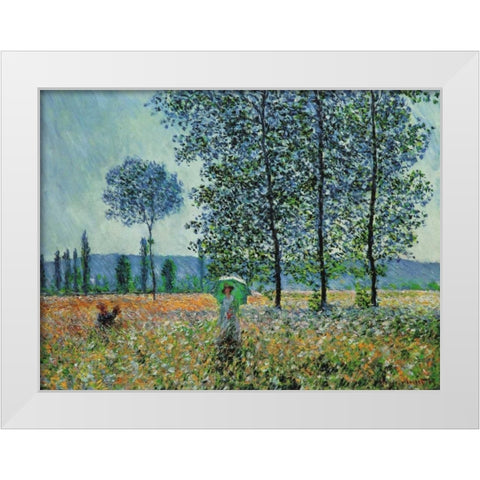 Felder im Fruhling White Modern Wood Framed Art Print by Monet, Claude