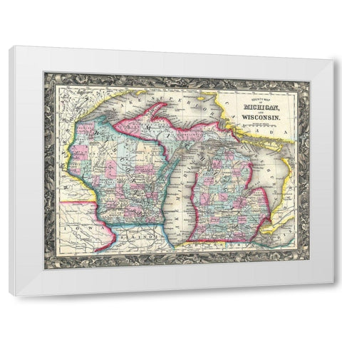 County map of Michigan and Wis White Modern Wood Framed Art Print by Sproul, Dan