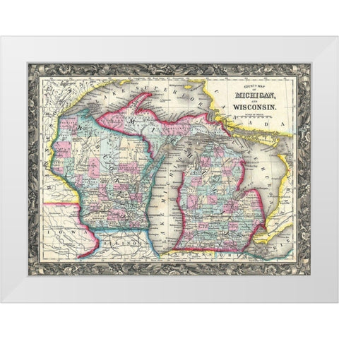 County map of Michigan and Wis White Modern Wood Framed Art Print by Sproul, Dan