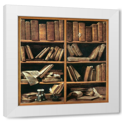 Scaffali con libri di musica White Modern Wood Framed Art Print by Crespi, Giuseppe Maria
