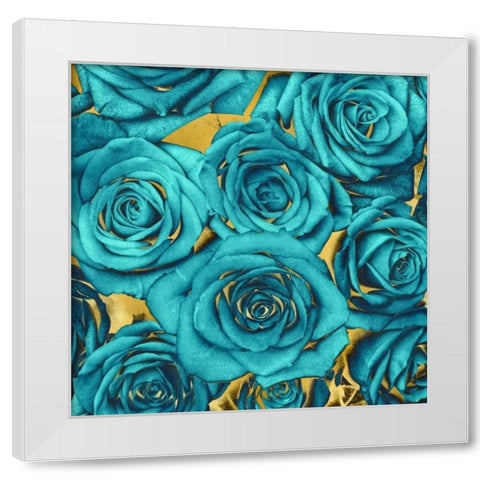 Roses - Teal on Gold White Modern Wood Framed Art Print by Bennett, Kate