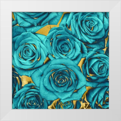 Roses - Teal on Gold White Modern Wood Framed Art Print by Bennett, Kate