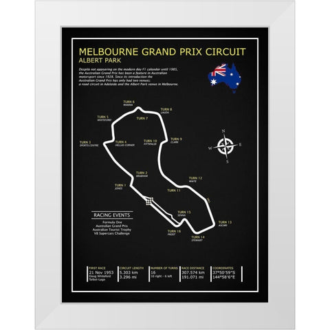 Melbourne GP Circuit BL White Modern Wood Framed Art Print by Rogan, Mark