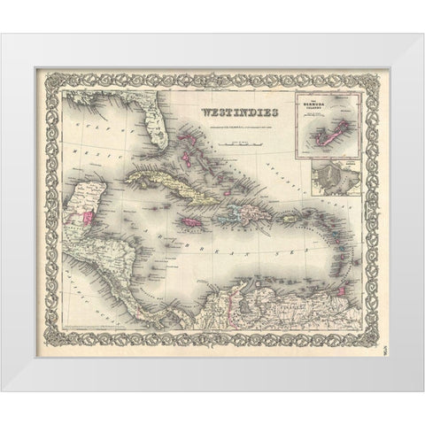 1855 Colton Map of the West Indies White Modern Wood Framed Art Print by Colton