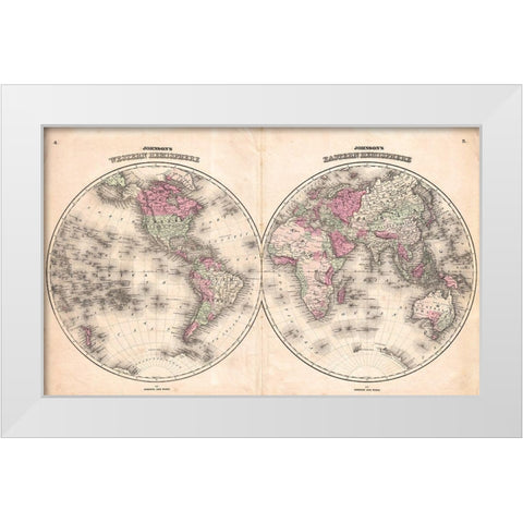 1862 Johnson Map of the World White Modern Wood Framed Art Print by Johnson