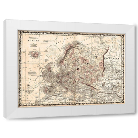 1862 Johnson Vintage Map of Europe White Modern Wood Framed Art Print by Johnson