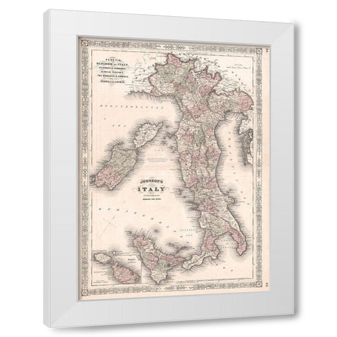 1866 Johnson Map of Italy White Modern Wood Framed Art Print by Johnson