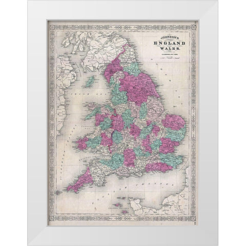 1867 Johnson Map of England and Wales White Modern Wood Framed Art Print by Johnson
