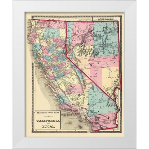 California, Nevada - 1872 White Modern Wood Framed Art Print by Unknown