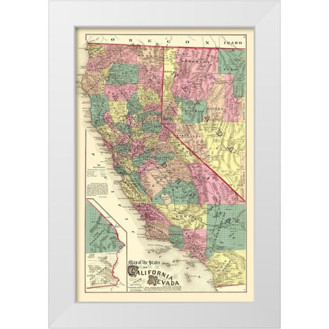 California, Nevada - Thompson 1877 White Modern Wood Framed Art Print by Thompson
