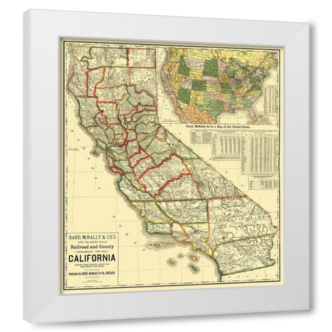 California Railroad and Counties 1883 White Modern Wood Framed Art Print by Rand McNally