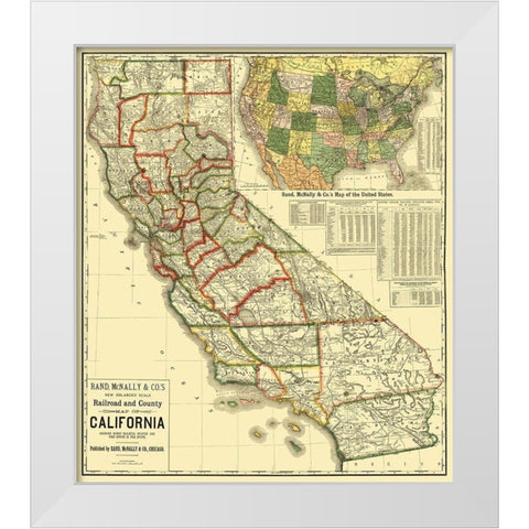 California Railroad and Counties 1883 White Modern Wood Framed Art Print by Rand McNally