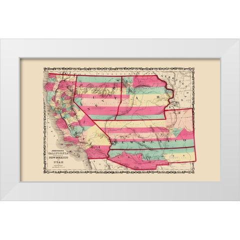 California, New Mexico, Utah - Johnson 1860 White Modern Wood Framed Art Print by Johnson