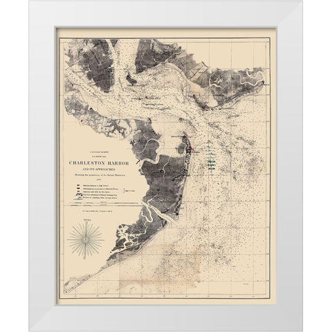 Charleston Harbor South Carolina - Bache 1863 White Modern Wood Framed Art Print by Bache